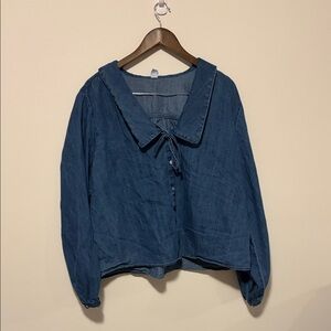 Old Navy Indigo Button-Front Tall Denim Blouse with Tie Collar